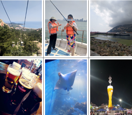上圖依次為：仰口纜車、海上垂釣、黃河之濱、青島啤酒博物館、海昌極地海洋館、啤酒節(jié)